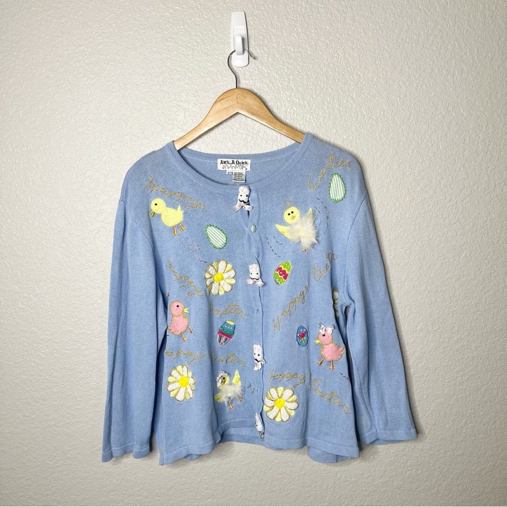 Jack B Quick‎ Blue Easter Cardigan Sweater Womens Embroidered Chicks Eggs Spring